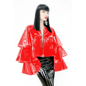 Glossy PVC Leather Ruffle Tiered Long Flare Sleeve Zip Jacket Women Lady Multi-Color Fashion S-7XL