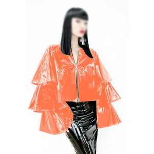 Glossy PVC Leather Ruffle Tiered Long Flare Sleeve Zip Jacket Women Lady Multi-Color Fashion S-7XL