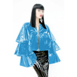 Glossy PVC Leather Ruffle Tiered Long Flare Sleeve Zip Jacket Women Lady Multi-Color Fashion S-7XL