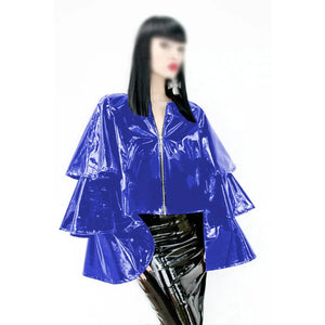 Glossy PVC Leather Ruffle Tiered Long Flare Sleeve Zip Jacket Women Lady Multi-Color Fashion S-7XL