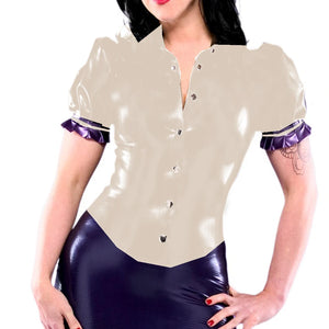 Gothic PVC Leather Patchwork Button Blouse Turn-down Neck Short Sleeve Slim Fit Multi-color Tops S-7XL Office Casual