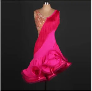 Women's Hot Pink Latin Dance Dress with Fringe, Rhinestones, and Ruffled Skirt