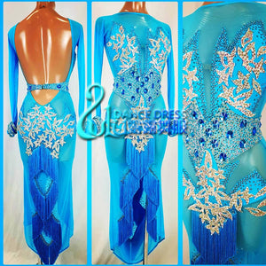 Ballroom Dance Dress Women's Blue Embellished Fringe Open Back Long Sleeve Sheer Latin Rhythm Salsa
