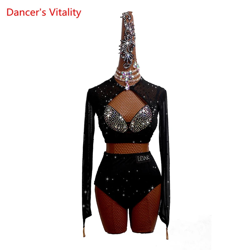 Latin Dance Costume Women's Black Rhinestone Mesh Long Sleeve Crop Top and High Waist Shorts