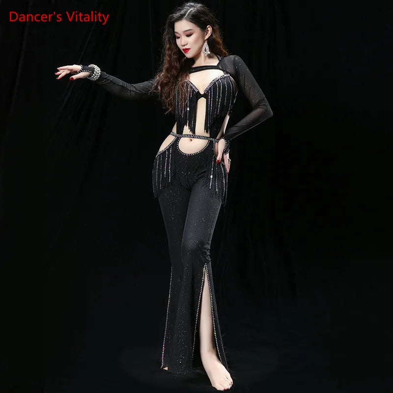 Women's Black Sparkle Halter Neck Fringe Cutout Belly Dance Jumpsuit with Slit Leg