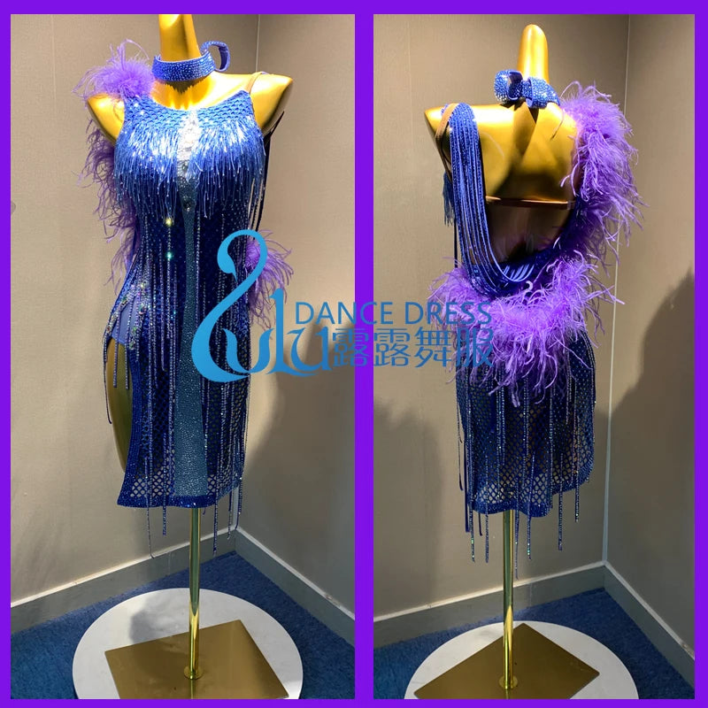 Women's Blue Sequin Fringe Feather Latin Dance Dress