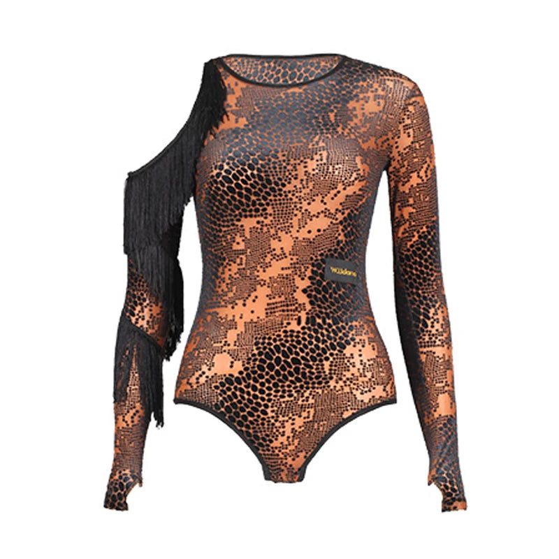 Women's Black & Orange Snake Print Long Sleeve Bodysuit with Fringe, Latin Dance