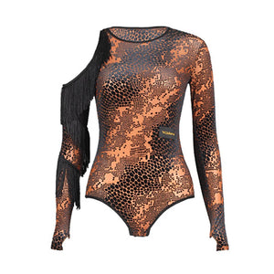 Women's Black & Orange Snake Print Long Sleeve Bodysuit with Fringe, Latin Dance