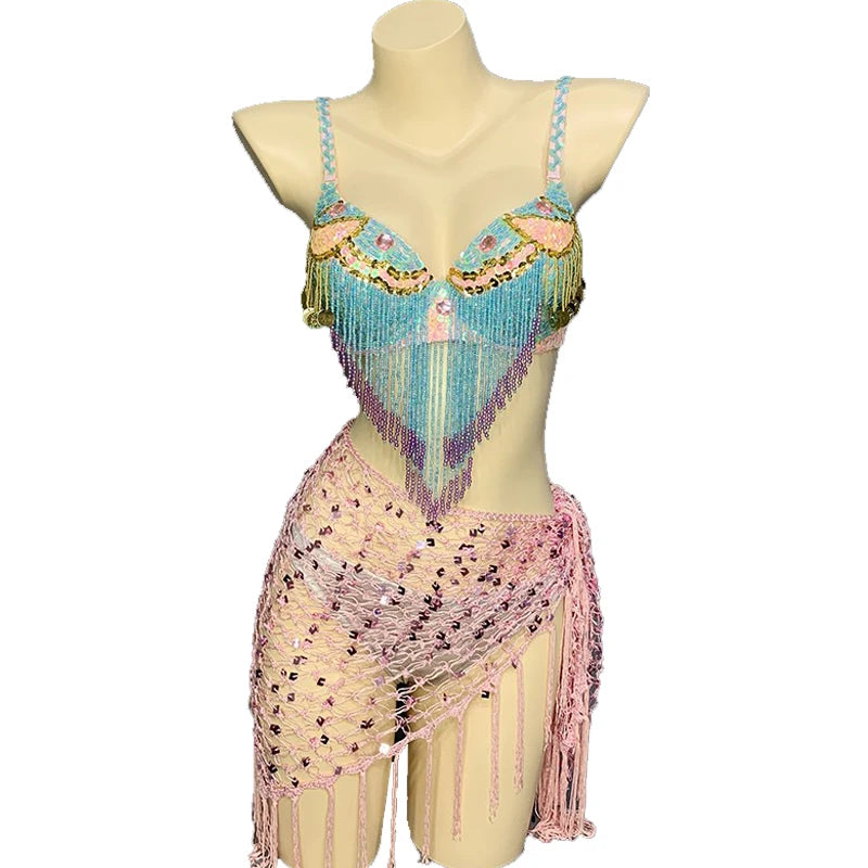 Belly Dance Costume Set Women's Light Blue & Pink Sequin Beaded Fringe Bra Top with Pink Sequin Mesh Hip Scarf