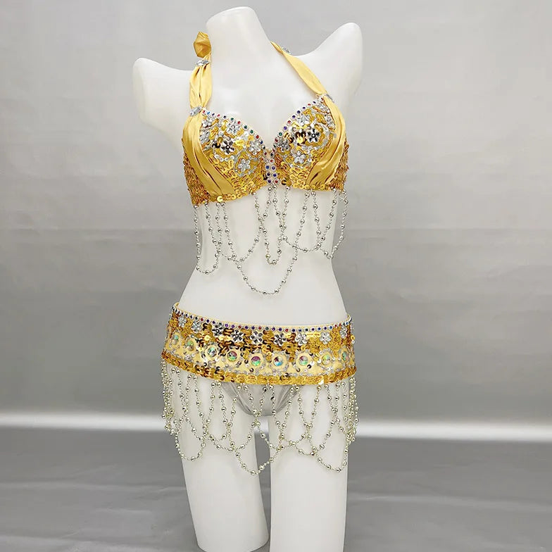 Belly Dance Costume Women's Gold Sequin Beaded Halter Bra and Hip Scarf Set with Chain Fringe