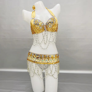 Belly Dance Costume Women's Gold Sequin Beaded Halter Bra and Hip Scarf Set with Chain Fringe
