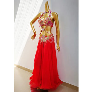 Belly Dance Costume Women's Red Beaded Halter Top & Skirt Set with Shawl
