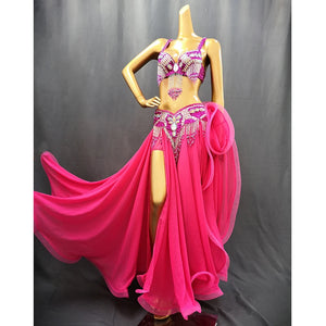 Belly Dance Costume Women Purple Beaded Bra & Slit Skirt Set Chiffon Tribal Dancewear
