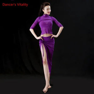 Women's Purple Shimmer Mesh Crop Top & Ruched Slit Skirt Set, Belly Dance Costume