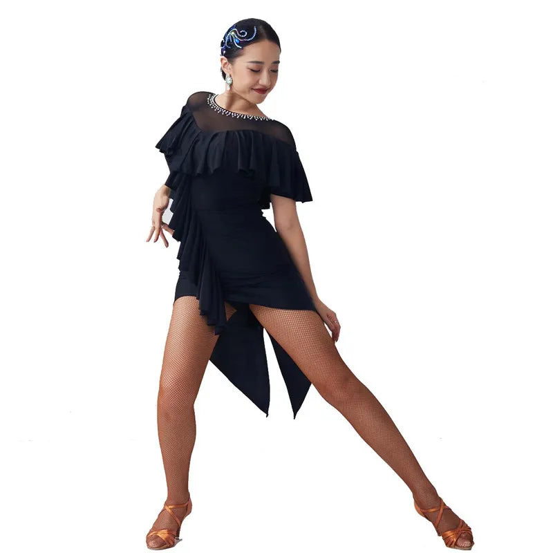 Latin Ballroom One-Piece Practice Dress In Stretch Fabric For Adult Women Cha-Cha And Paso Doble