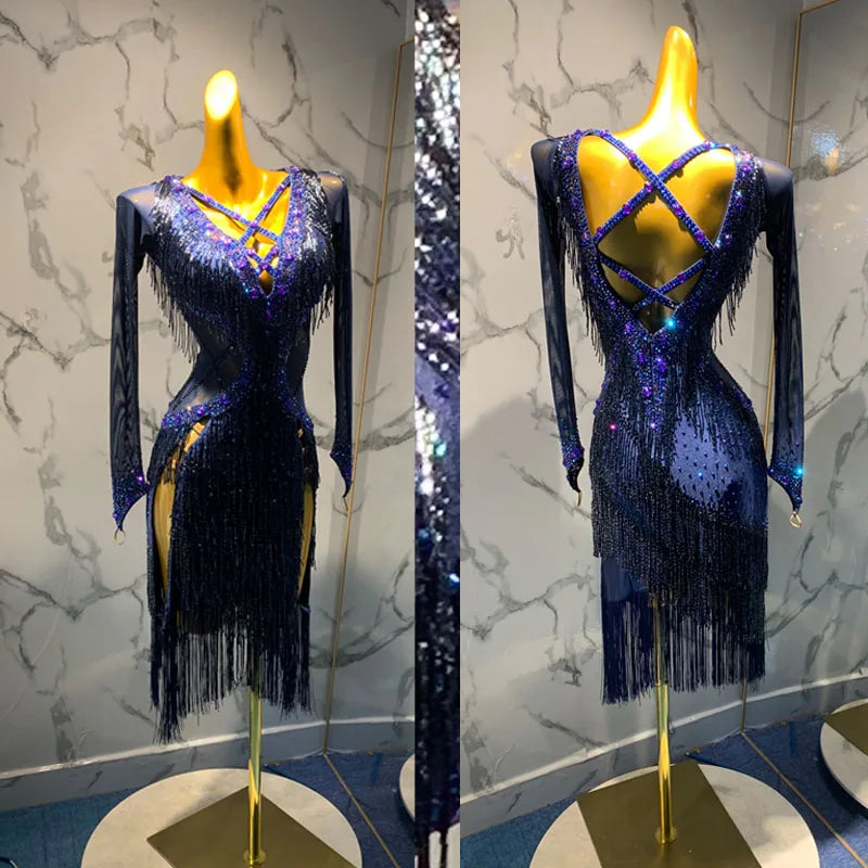 Women's Navy Blue Sequin Fringe Mesh Latin Dance Dress