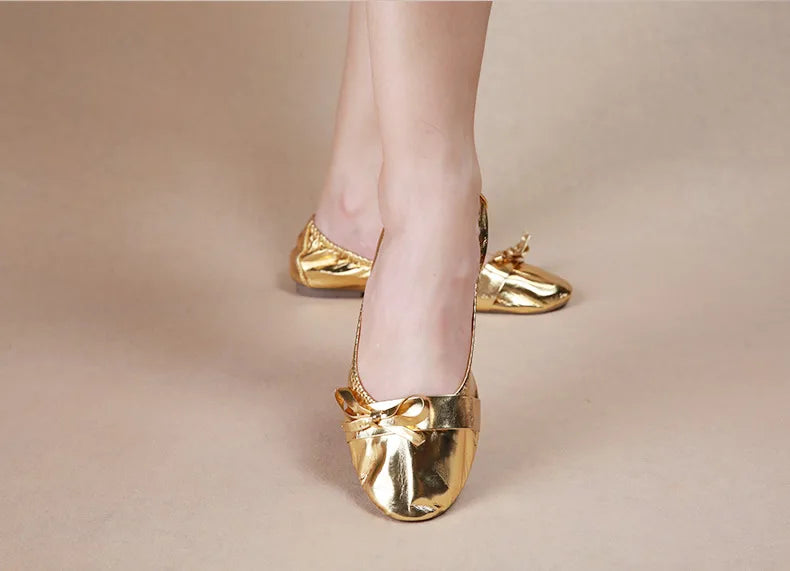 Women's Gold Metallic Ballet Flat Dance Shoes with Bow Detail