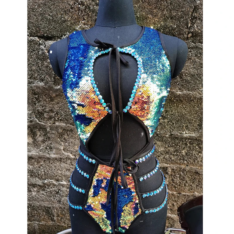 Sequined Cut-Out Bodysuit, Women's Multi-Color Sequin & Black Lycra, Open Back & Side Straps, Jazz Dance Performance Costume