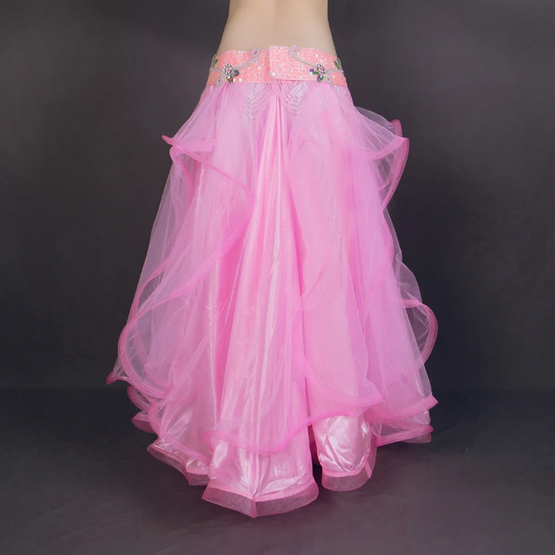 Women's White Organza Layered Ruffle Belly Dance Skirt with Embellished Waistband