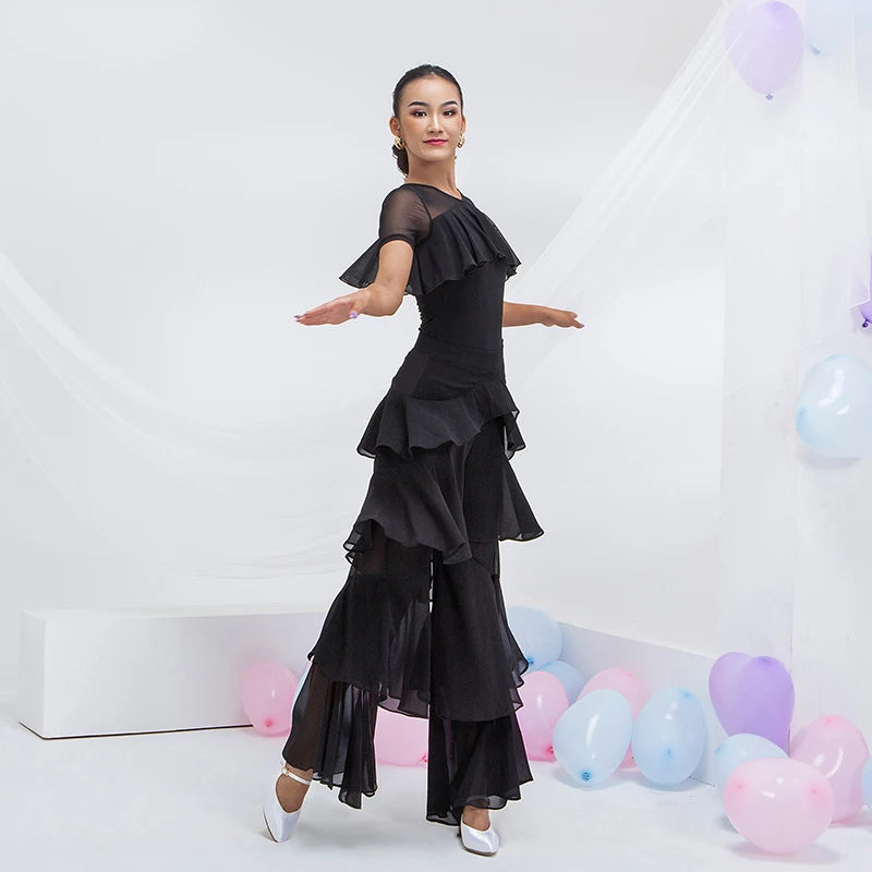 Women's Black Tiered Chiffon Latin Dance Pants