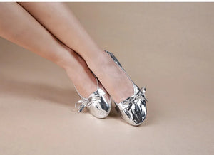 Women's Gold Metallic Ballet Flat Dance Shoes with Bow Detail