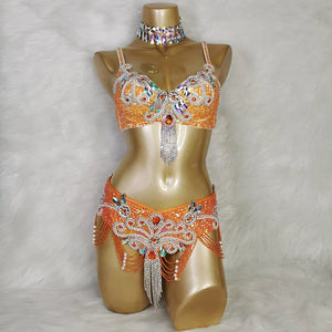Belly Dance Costume Women's White Sequin & Rhinestone Choker Bra Belt Set with Beaded Fringe