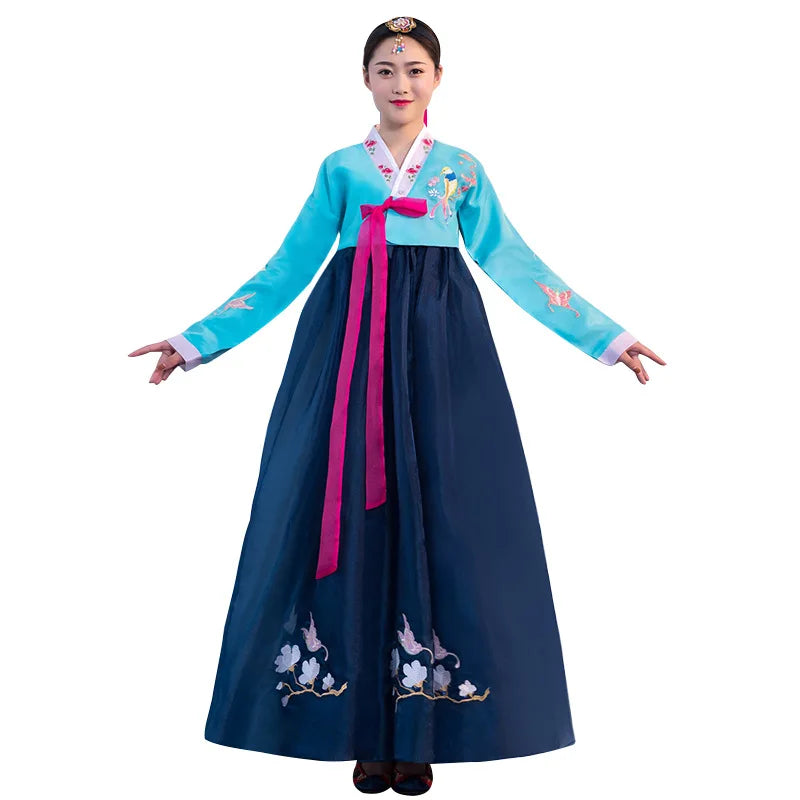 Women's Pink Hanbok Dress with Embroidered Flowers and Birds