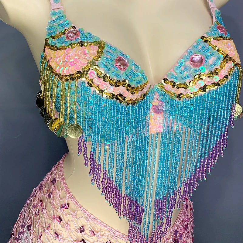 Belly Dance Costume Set Women's Light Blue & Pink Sequin Beaded Fringe Bra Top with Pink Sequin Mesh Hip Scarf