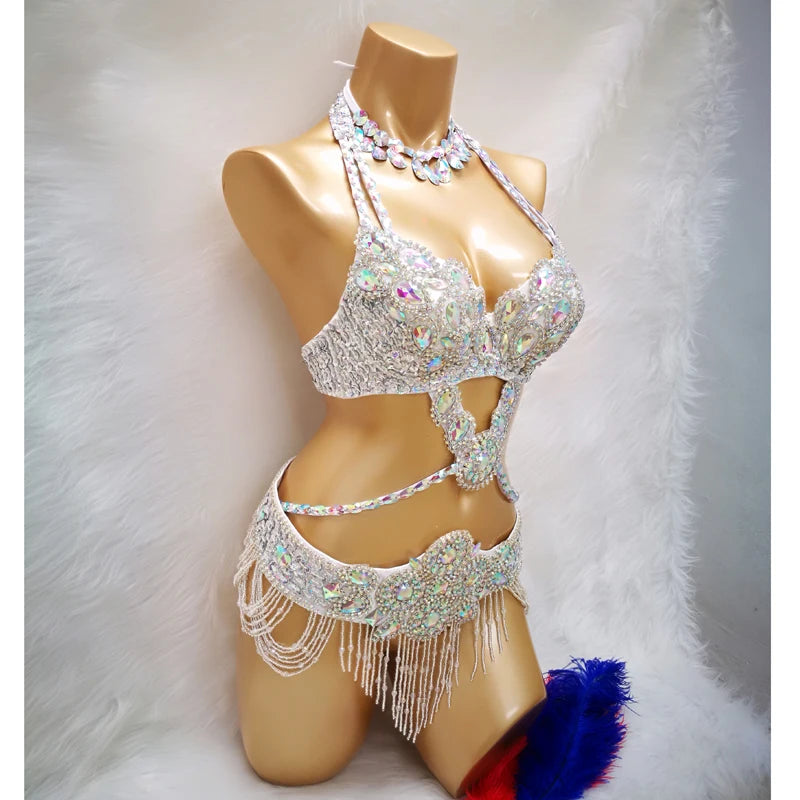 Dance Costume Women's White Iridescent Crystal Beaded Halter Bra and Belt Set with Fringe, Belly Dance