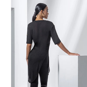 Women's Tan & Black Asymmetrical Knit Top with Twisted Front for Latin Dance