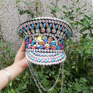Rhinestone Embellished Military Hat, White, Sparkly Crystal Gemstone Studded, Festival Dance Accessory