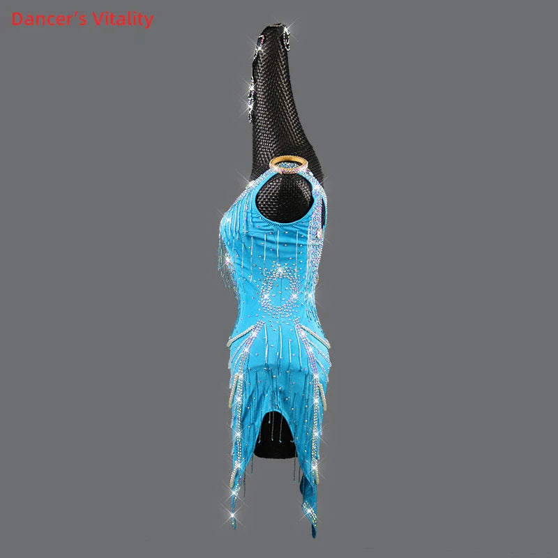 Latin Dance Dress Women's Blue Rhinestone Fringe Pearl Beaded V-Neck Backless Sleeveless Ballroom Salsa Rumba Performance Dress