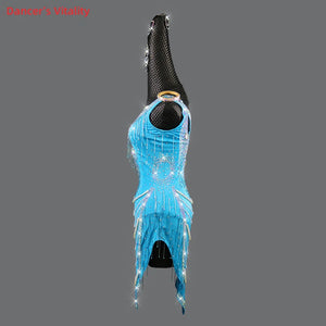 Latin Dance Dress Women's Blue Rhinestone Fringe Pearl Beaded V-Neck Backless Sleeveless Ballroom Salsa Rumba Performance Dress