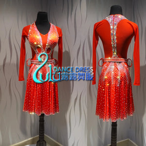 Latin Dance Dress Women's Red Rhinestone Long Sleeve V-Neck Mini Ballroom Performance Dress