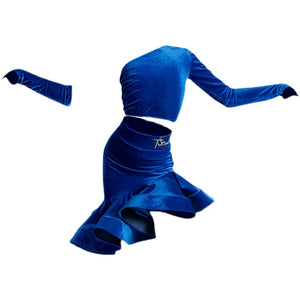 Girls' Blue and Green Velvet One-Shoulder Long Sleeve Ruffled Skirt Latin Dance Dress