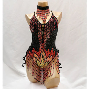 Bodysuit, Women's, Black/Red/Gold, Sequin Beaded Fringe, Latin Dance