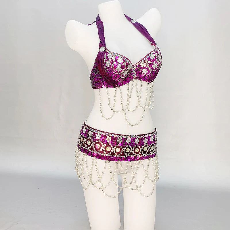 Belly Dance Costume Women's Gold Sequin Beaded Halter Bra and Hip Scarf Set with Chain Fringe