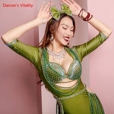 Women's Belly Dance Costume 3-Piece Set With Rhinestone Headband, Top And Long Tassel Skirt For Performance