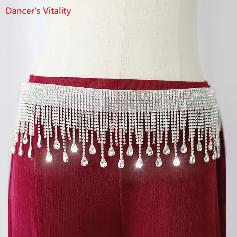 Belly Dance Hip Scarf, Women's Silver Rhinestone Fringe & Teardrop Crystal Tassel Belt, Belly Dance Hip Scarf