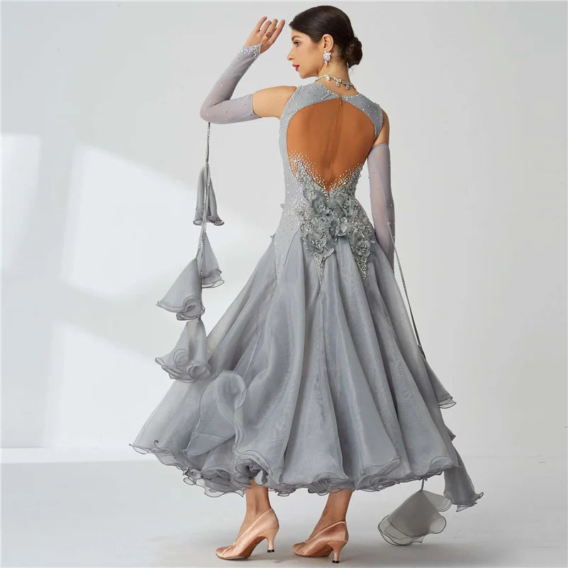Women's Ballroom Smooth Waltz Tango Dress Gray For Competition
