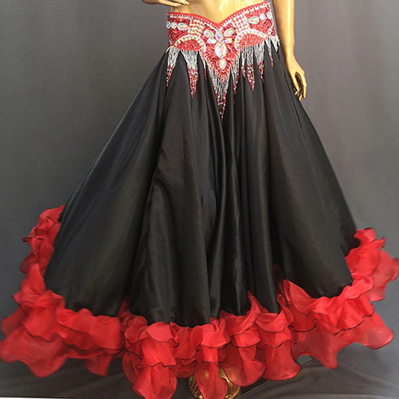 Women's Red and Black Ruffled Satin and Organza Belly Dance Skirt with Beaded Hip Scarf for Performance