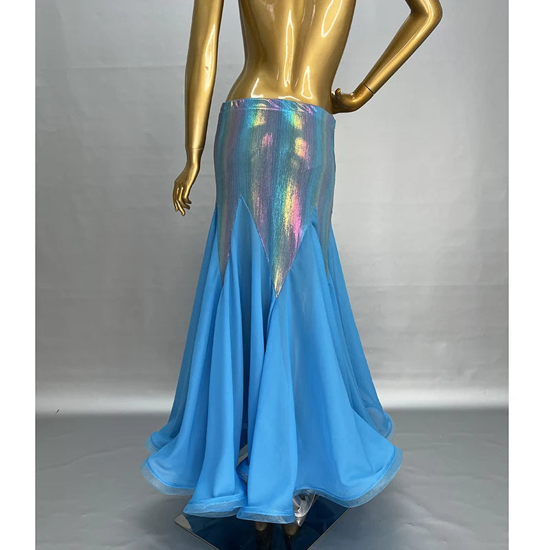 Belly Dance Skirt Women's Blue Shimmering Sequined Chiffon Flowy Mermaid Skirt
