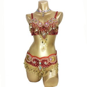 Belly Dance Bra and Belt Set, Women's Gold Sequin Beaded Fringe, Crystal Embellished, Tribal Fusion Dancewear