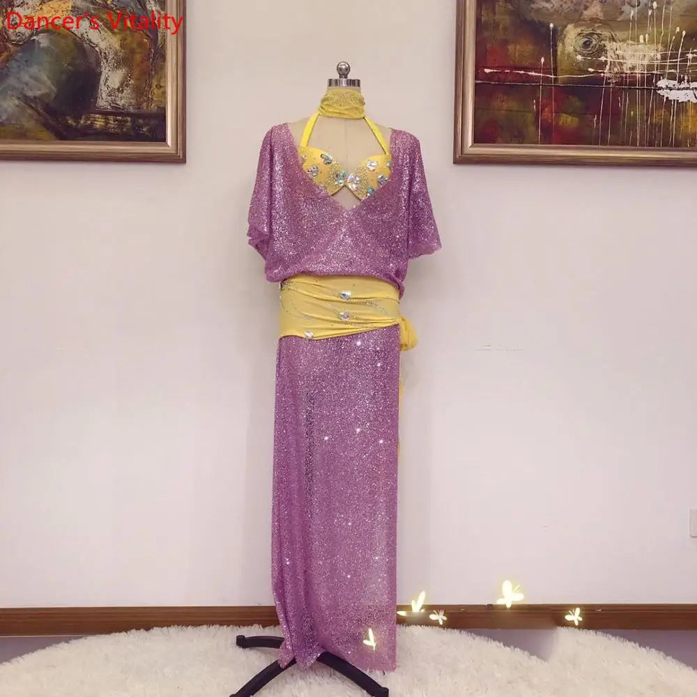 Women's Belly Dance Baladi Saidi Costume Dress Set With Bra, Glitter Fabric For Group Performance