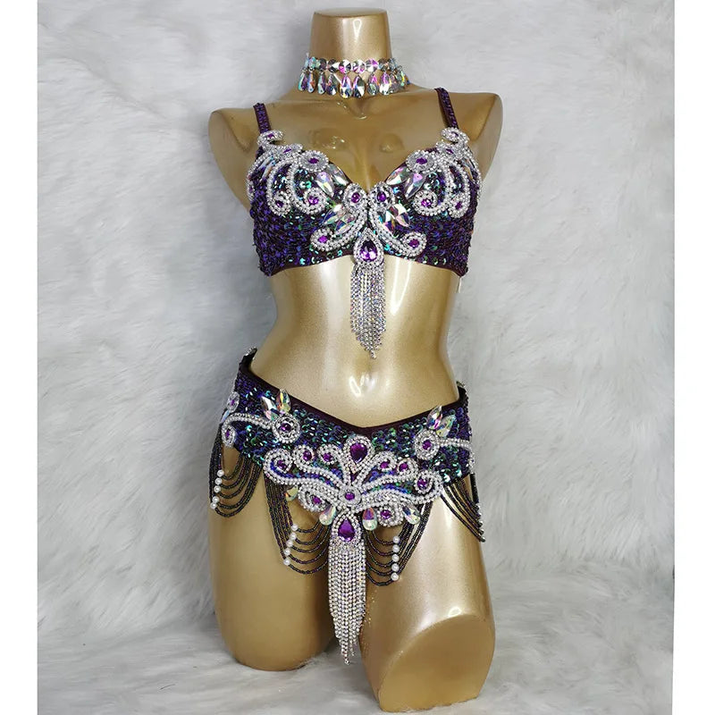 Belly Dance Costume Women's White Sequin & Rhinestone Choker Bra Belt Set with Beaded Fringe