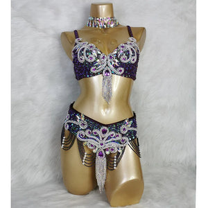 Belly Dance Costume Women's White Sequin & Rhinestone Choker Bra Belt Set with Beaded Fringe