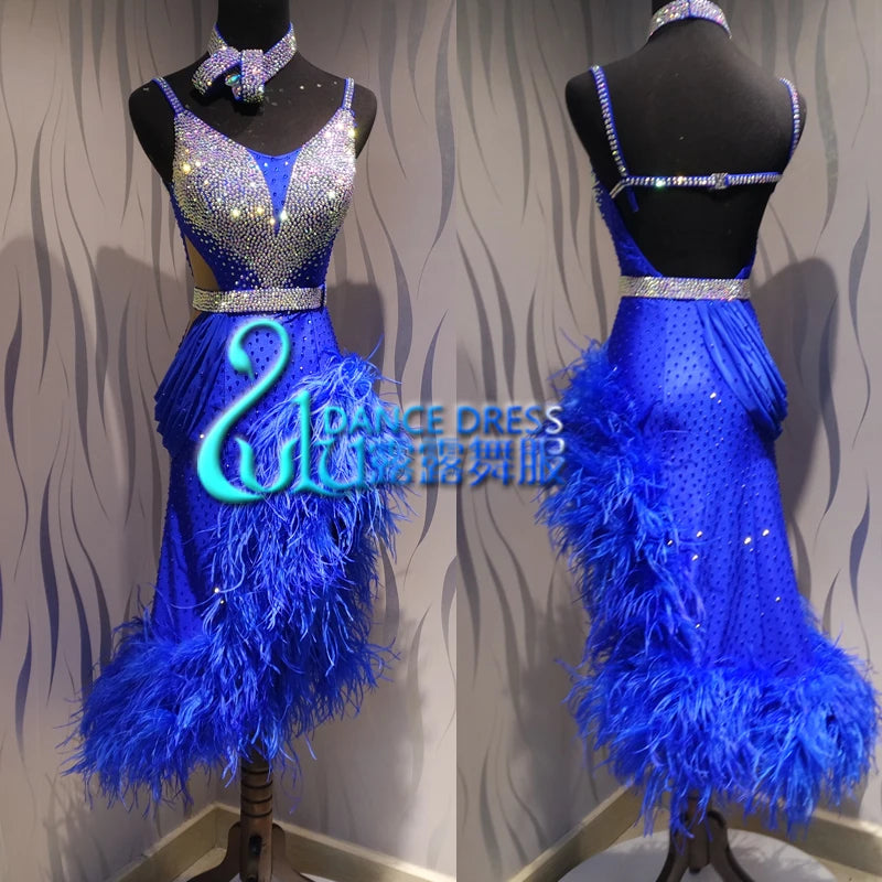 Latin Dance Dress Women's Royal Blue Rhinestone Feather Fringe Ruffled Backless Salsa Cha-Cha Rumba Performance Dress