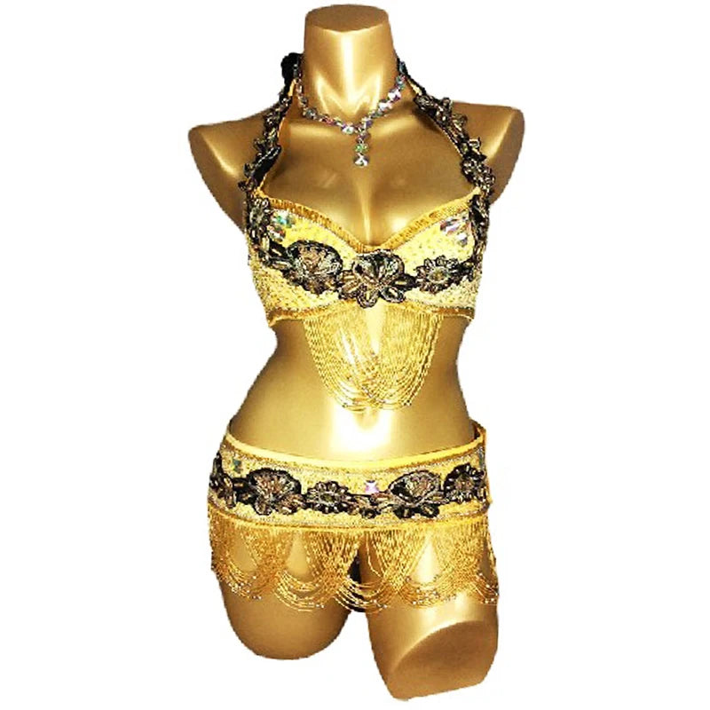 Belly Dance Costume Womens Gold Beaded Halter Bra Top and Hip Scarf with Floral Applique and Fringe for Performance