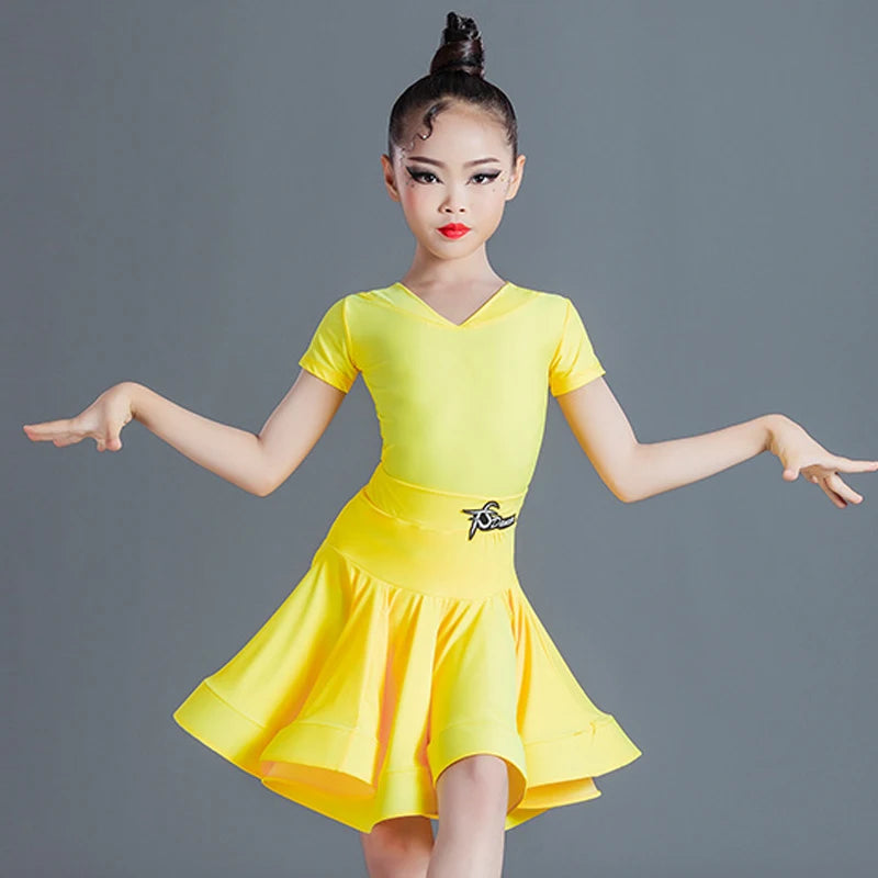 Girls Latin Dance Dress, Yellow, Blue, Red, Purple V-Neck Short Sleeve Ruffled Skirt, Performance Ballroom Dancewear