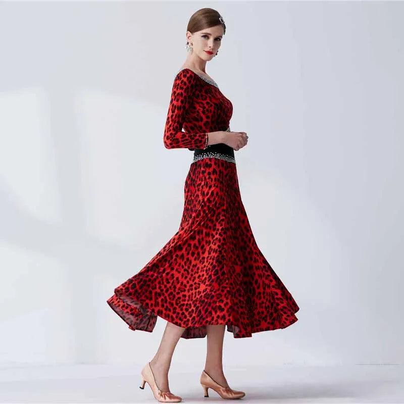 Standard Ballroom Waltz Practice Dress One-Piece Ice Silk Leopard Print For Women